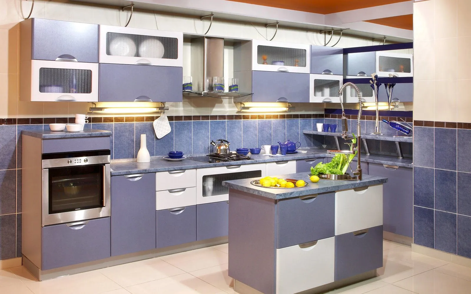 blue and purple kitchen accessories