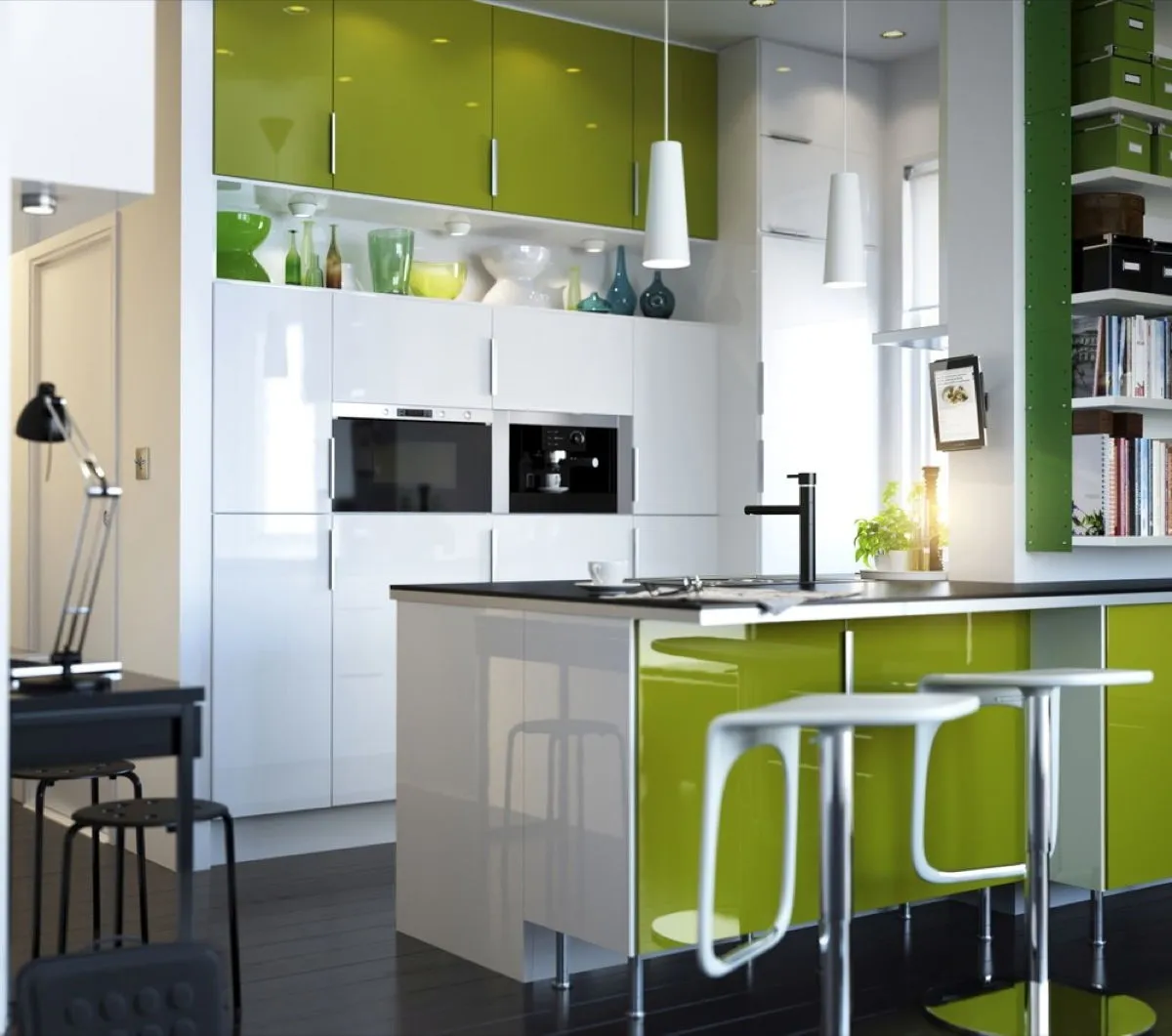 lime green and purple kitchen accessories
