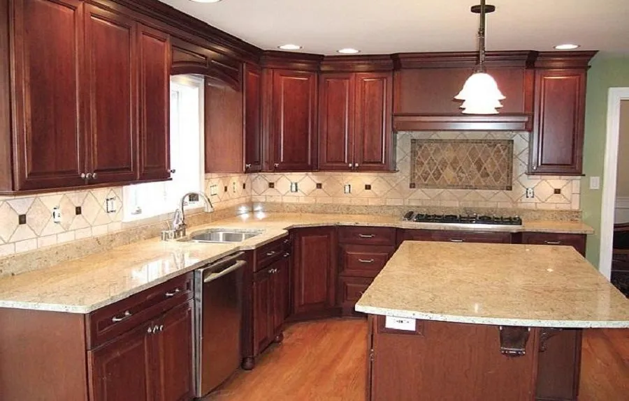 wooden kitchen with stone countertops