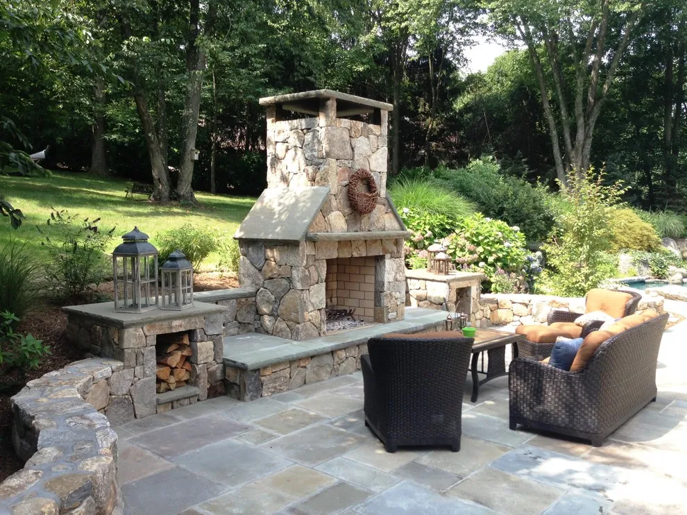 flagstone patio fireplace